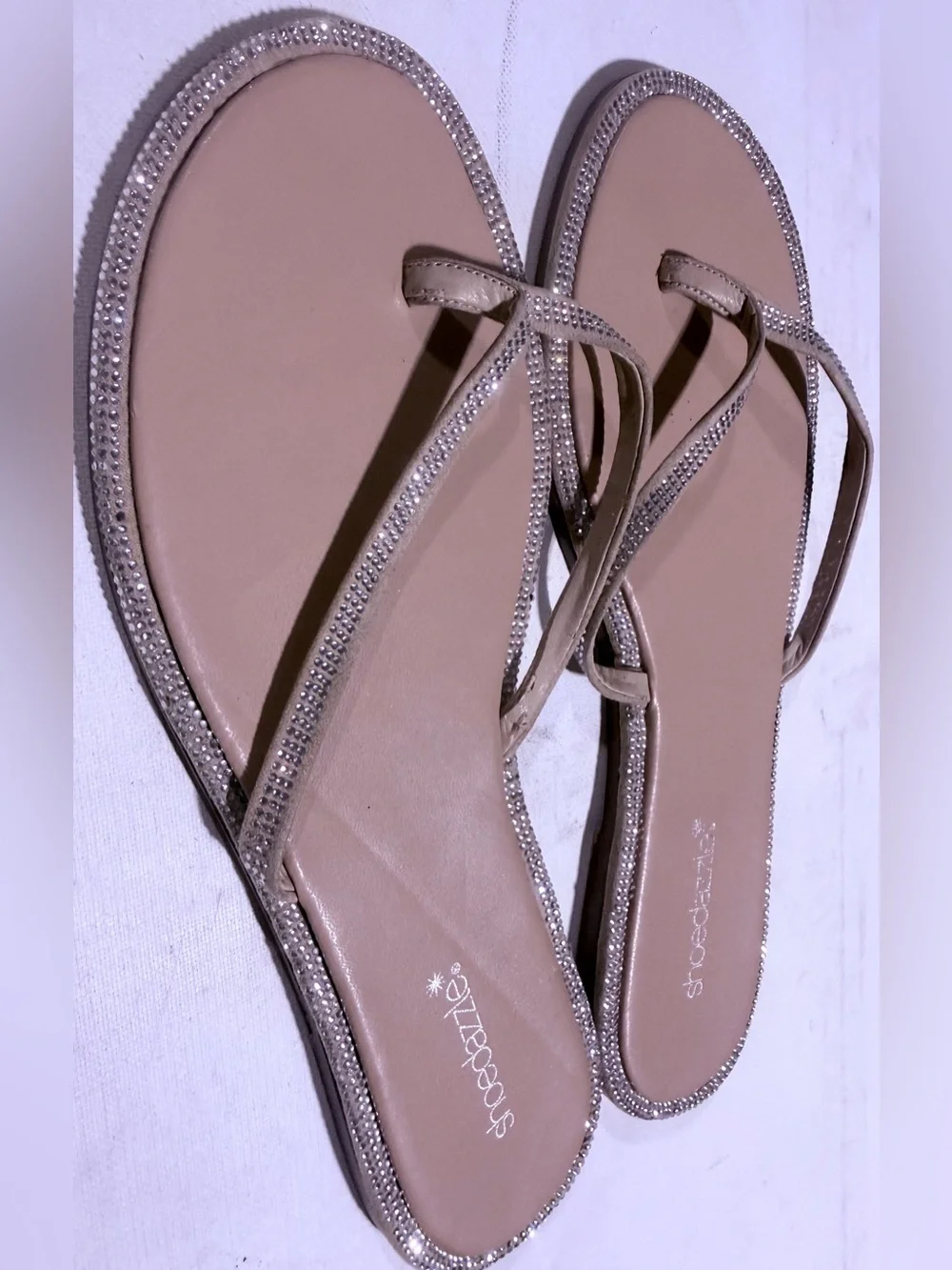 Shoe Dazzle Beige Rhinestone Toe-Loop Sandals